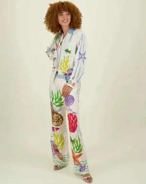 2024 New Satin Floral Graffiti Print Casual Shirt and Pants Two-Piece Set
