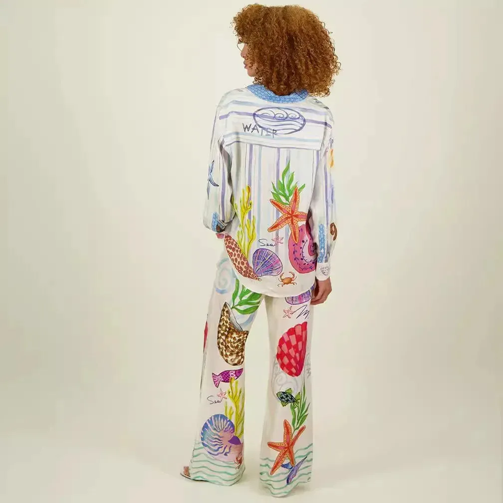 2024 New Satin Floral Graffiti Print Casual Shirt and Pants Two-Piece Set