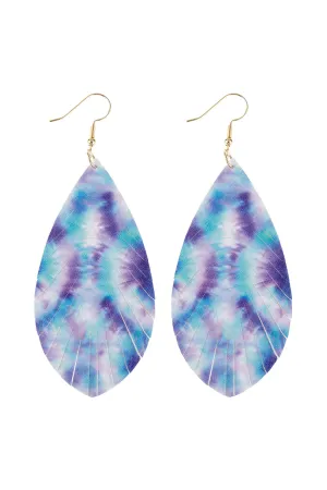 ABSTRACT BLUE VIOLET PRINTED LEATHER TASSEL HOOK EARRINGS