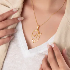 Abstract Face Art Necklace Woman's Silhouette Silver Pendant