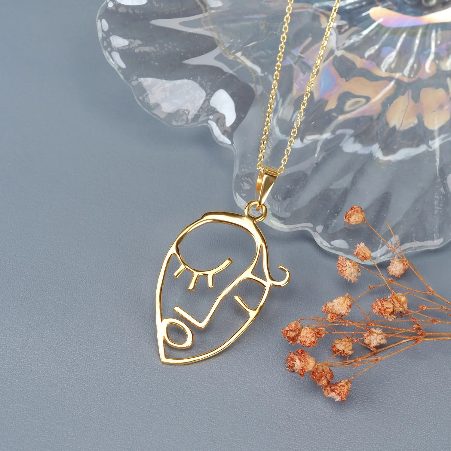 Abstract Face Art Necklace Woman's Silhouette Silver Pendant
