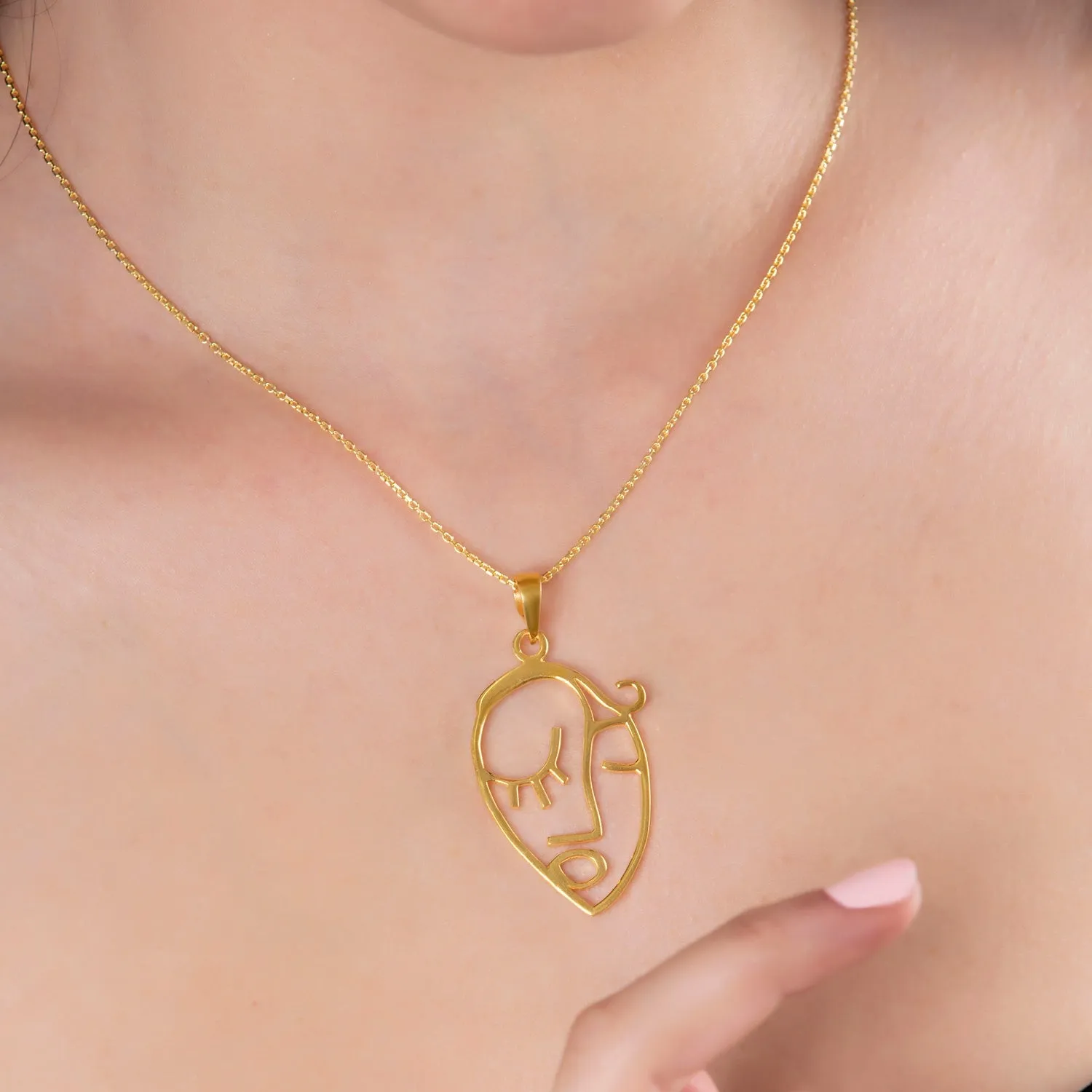 Abstract Face Art Necklace Woman's Silhouette Silver Pendant