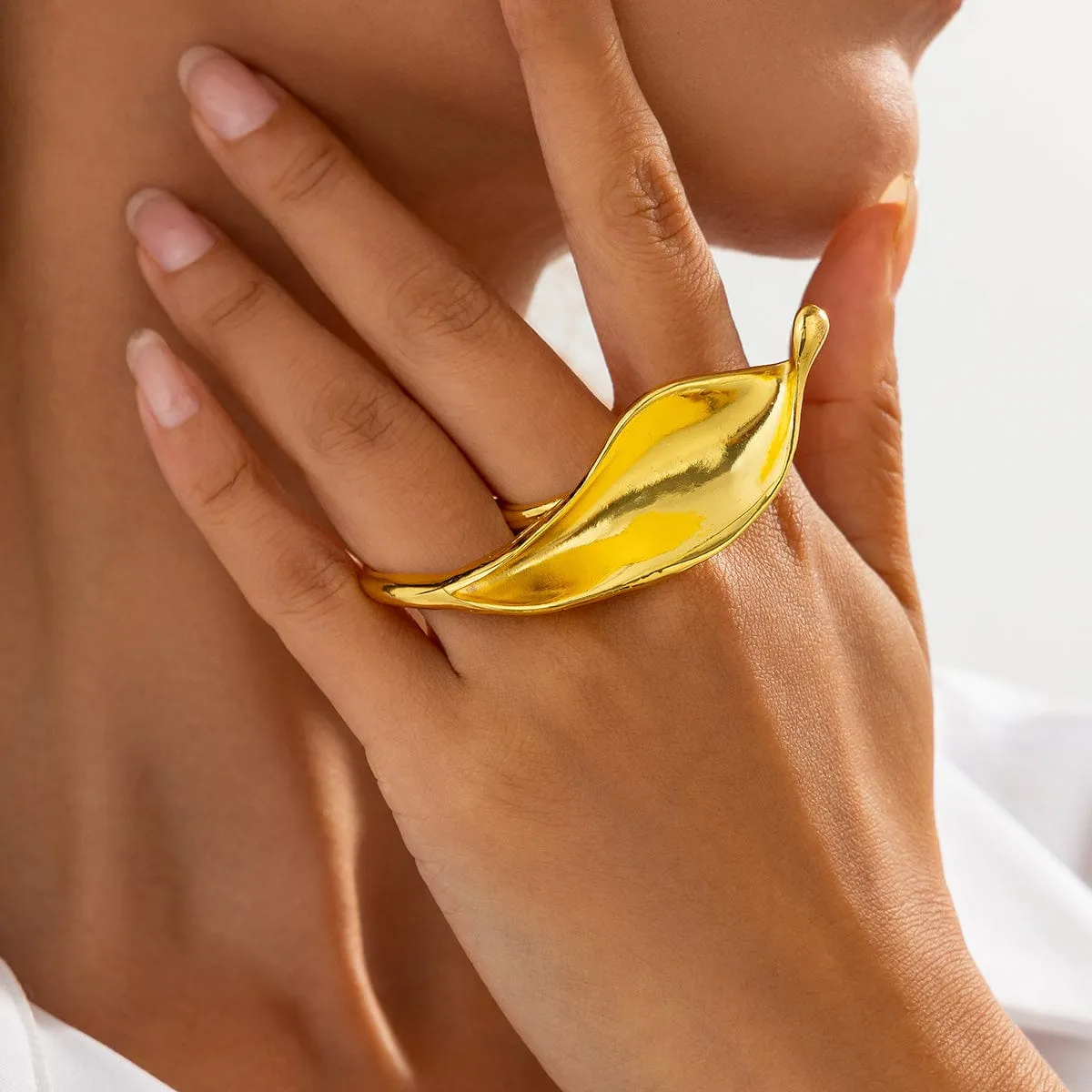 Abstract Gold Silver Plated Leaf Double Finger Ring