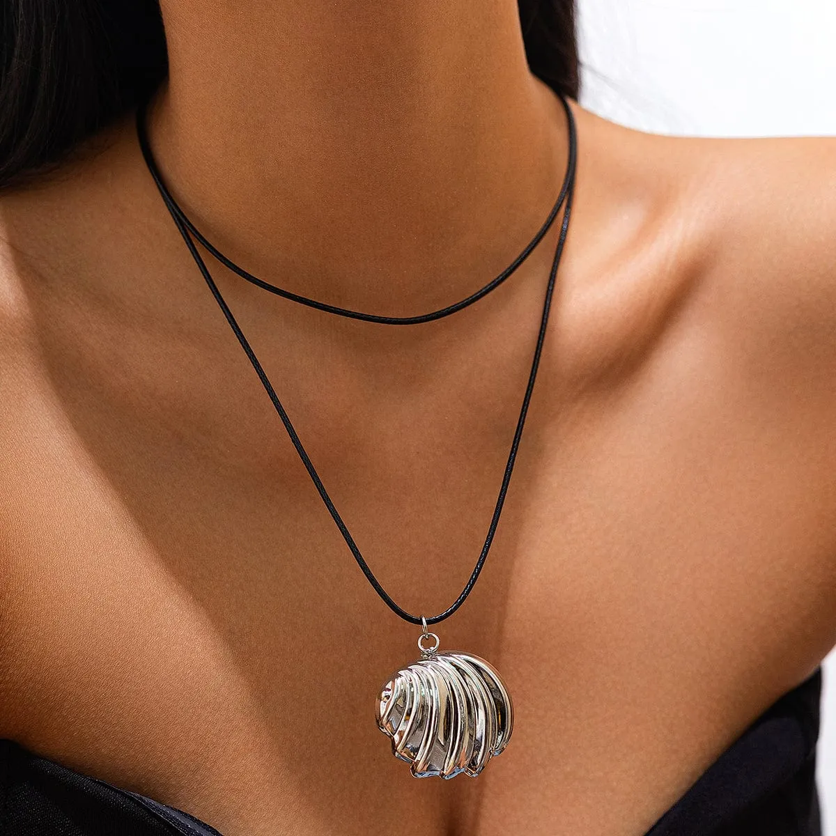 Abstract Metallic Shell Pendant Wax Cord String Necklace