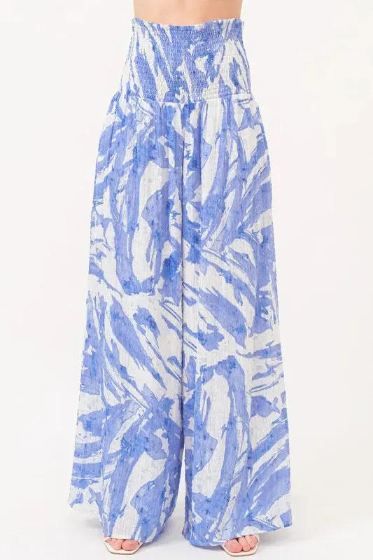 And The Why Smocked Tied Waist Abstract Print Wide Leg Pants