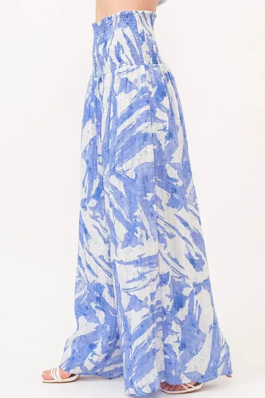 And The Why Smocked Tied Waist Abstract Print Wide Leg Pants