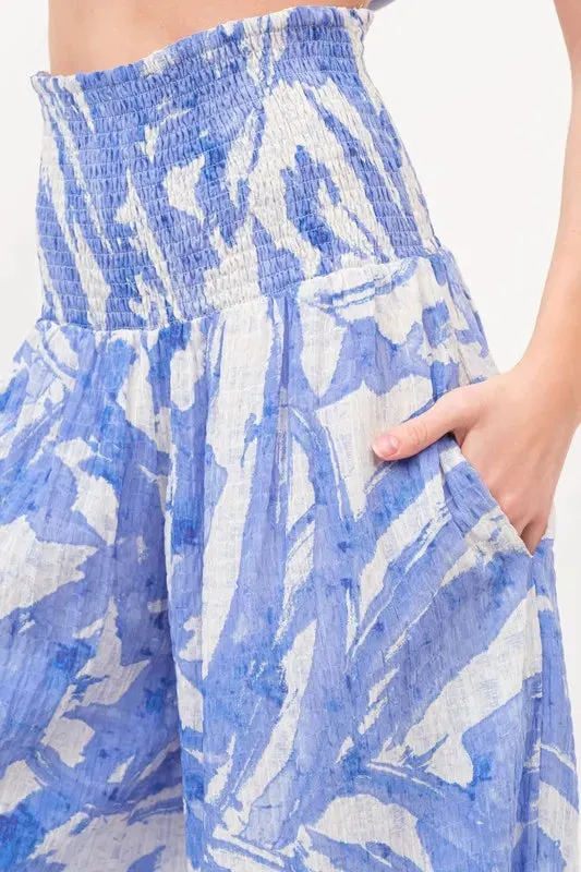 And The Why Smocked Tied Waist Abstract Print Wide Leg Pants