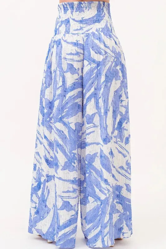 And The Why Smocked Tied Waist Abstract Print Wide Leg Pants