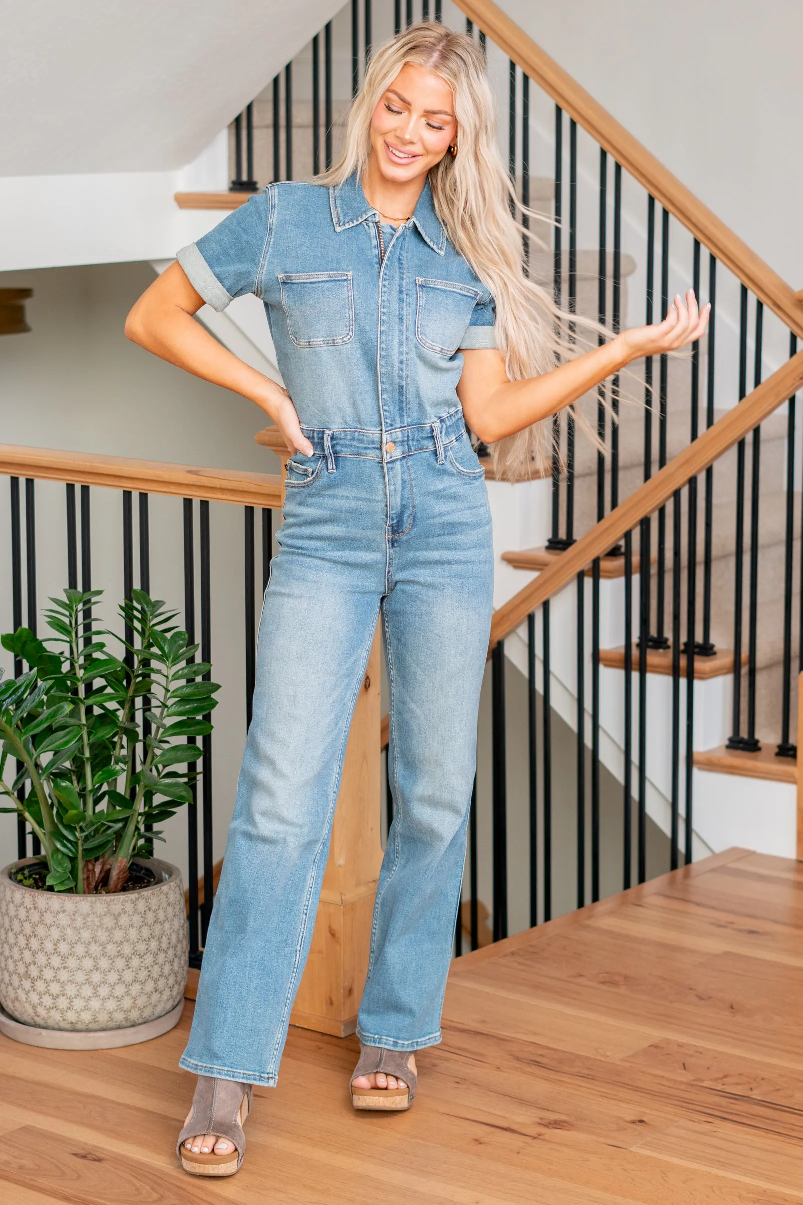 Aspen Denim Short Sleeve Jumpsuit Straight Leg