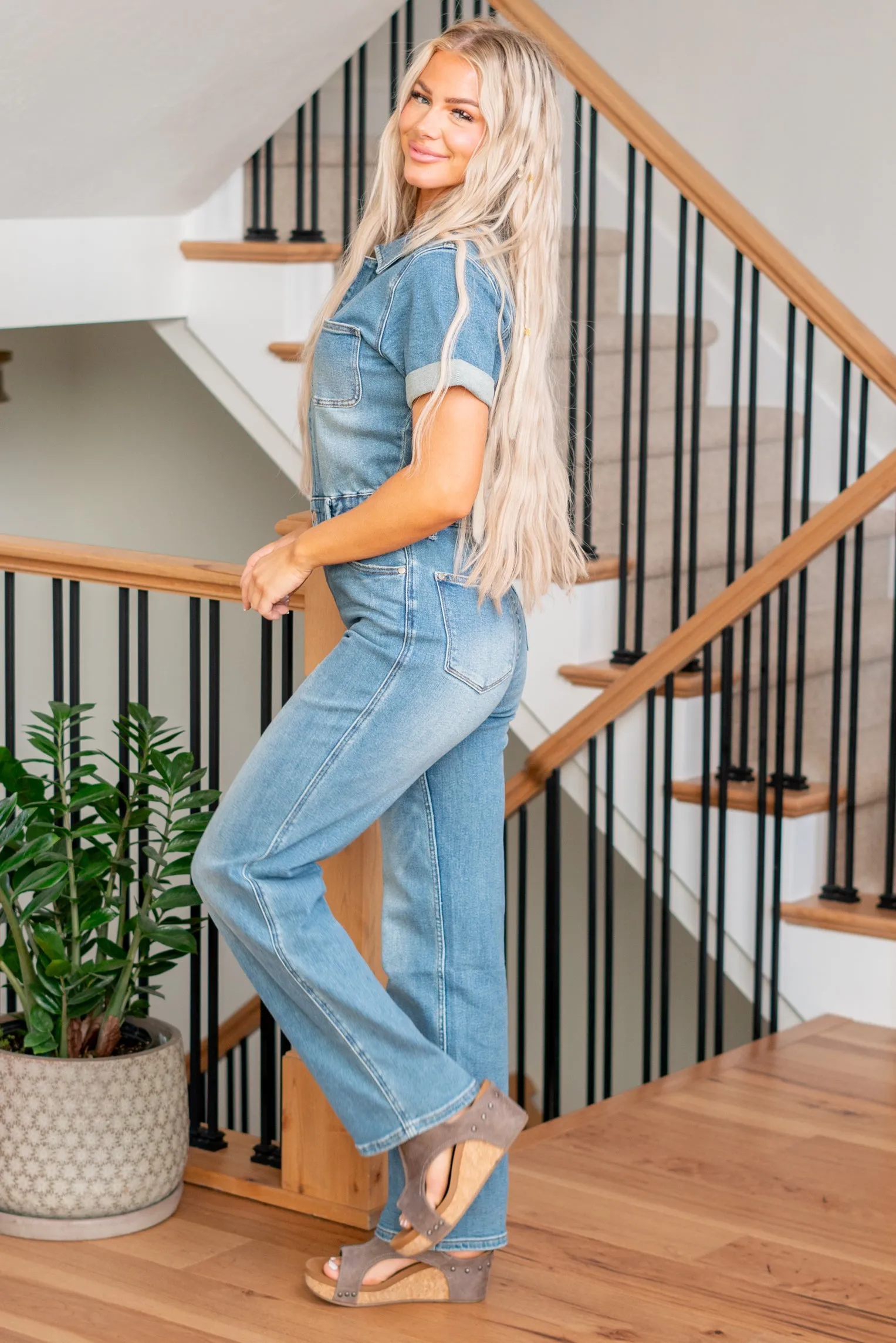 Aspen Denim Short Sleeve Jumpsuit Straight Leg