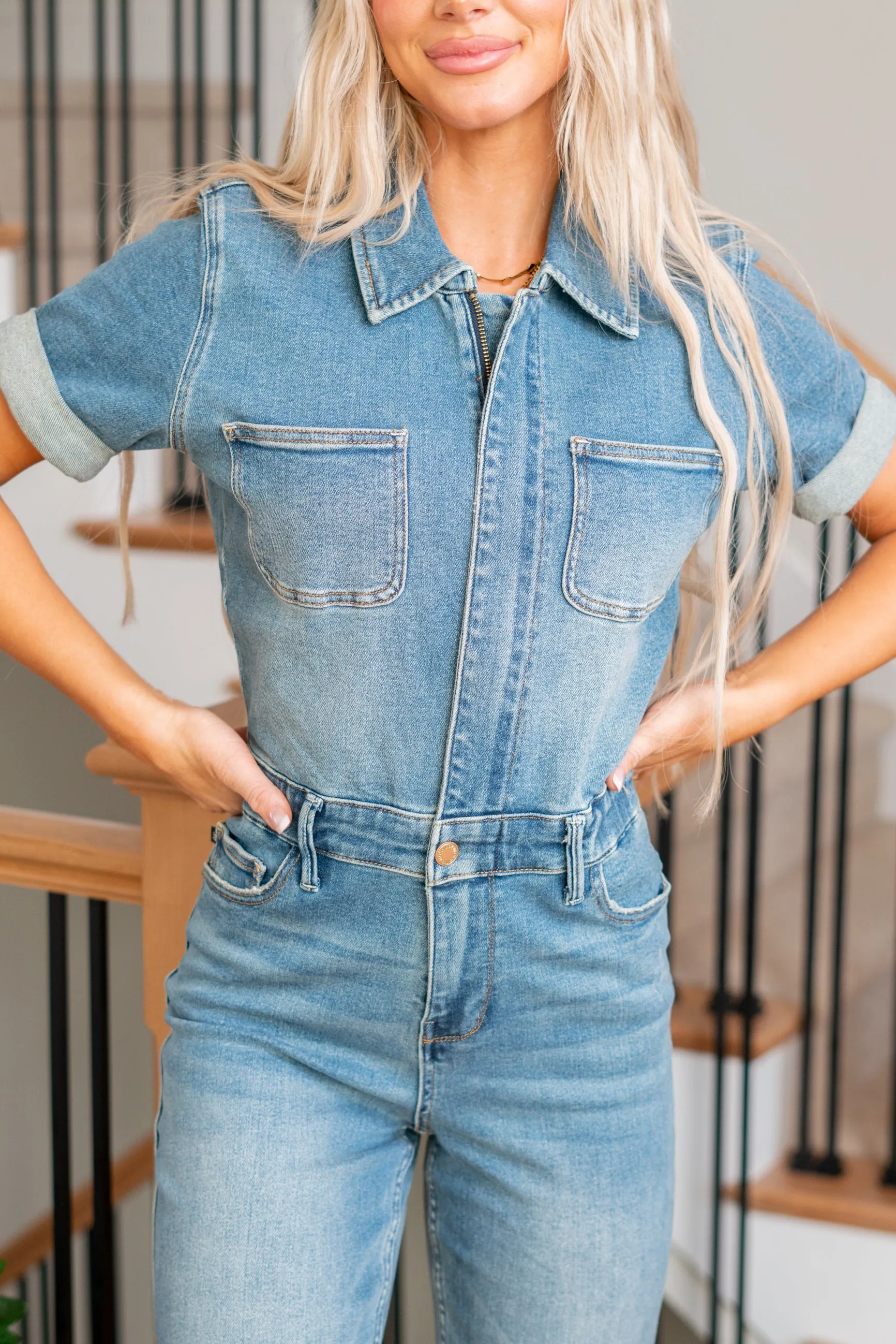 Aspen Denim Short Sleeve Jumpsuit Straight Leg