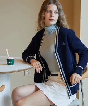 AVEN Wool Zip-Up Knit Cardigan - Navy
