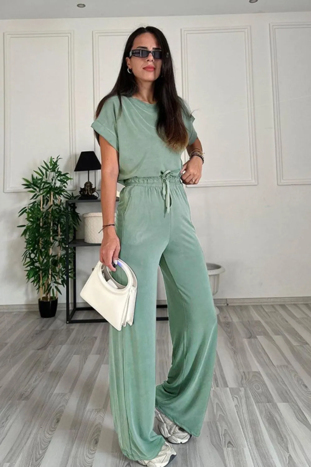 Bennie Round Neck Short Sleeve Top and Drawstring Pants Set