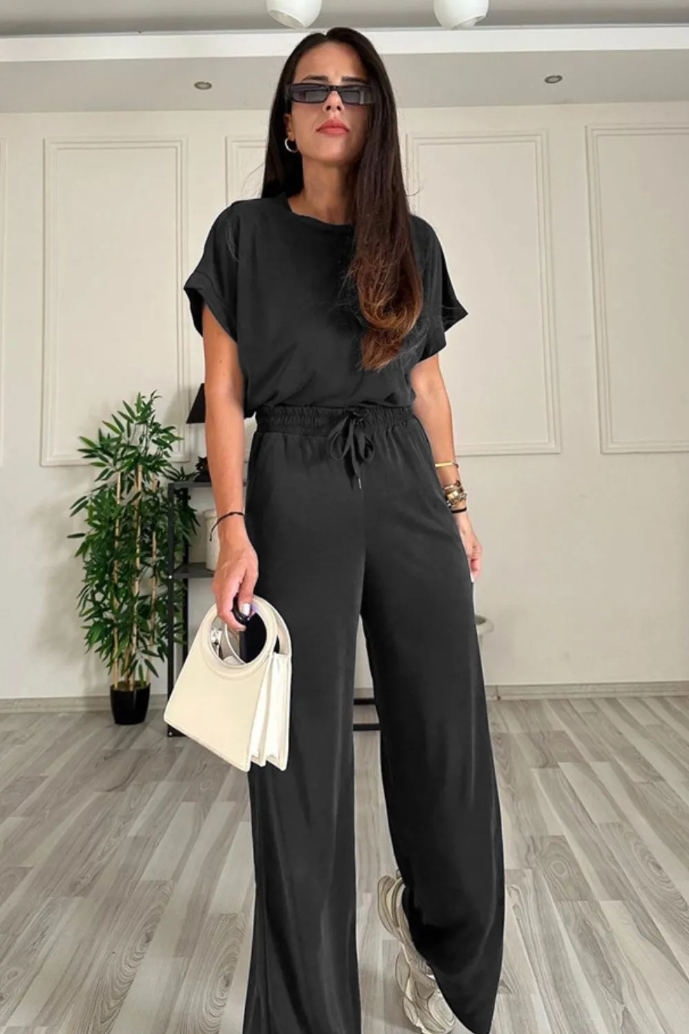 Bennie Round Neck Short Sleeve Top and Drawstring Pants Set