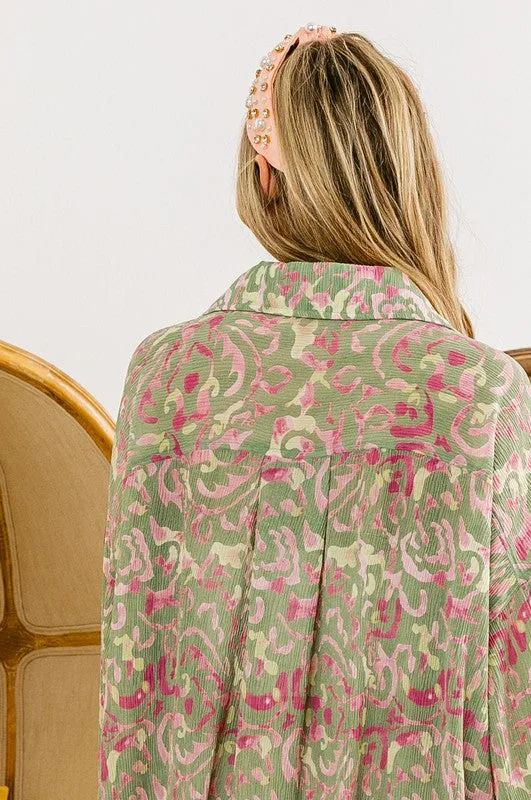 BiBi Abstract Leopard Pleated Back Drop Shoulder Shacket