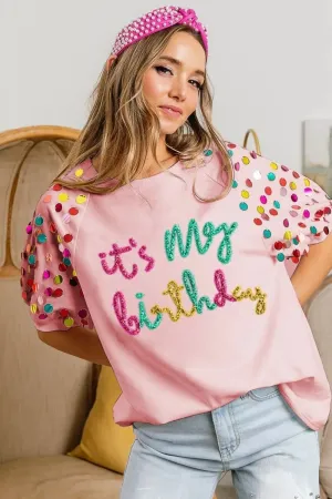 BiBi Metallic Letter Spangle Raglan Puff Sleeve Top