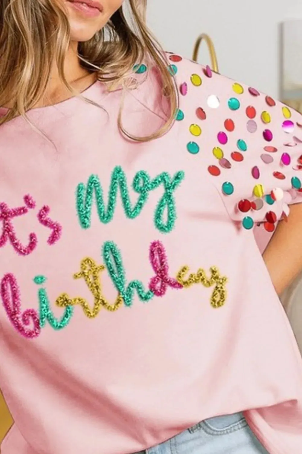 BiBi Metallic Letter Spangle Raglan Puff Sleeve Top