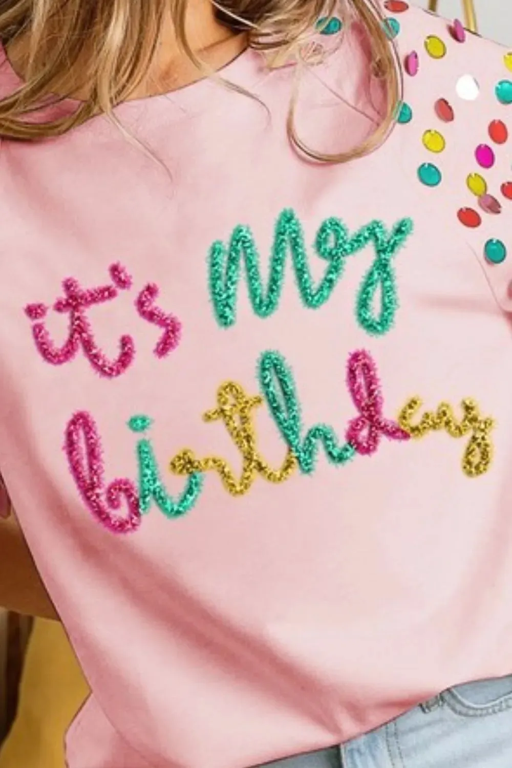 BiBi Metallic Letter Spangle Raglan Puff Sleeve Top