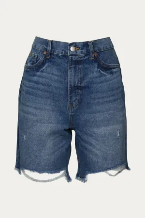BOYFRIEND HIGH-WAISTED DISTRESSED DENIM SHORTS