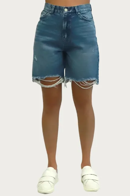 BOYFRIEND HIGH-WAISTED DISTRESSED DENIM SHORTS
