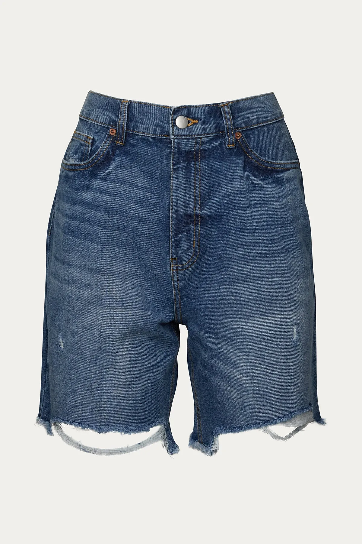 BOYFRIEND HIGH-WAISTED DISTRESSED DENIM SHORTS