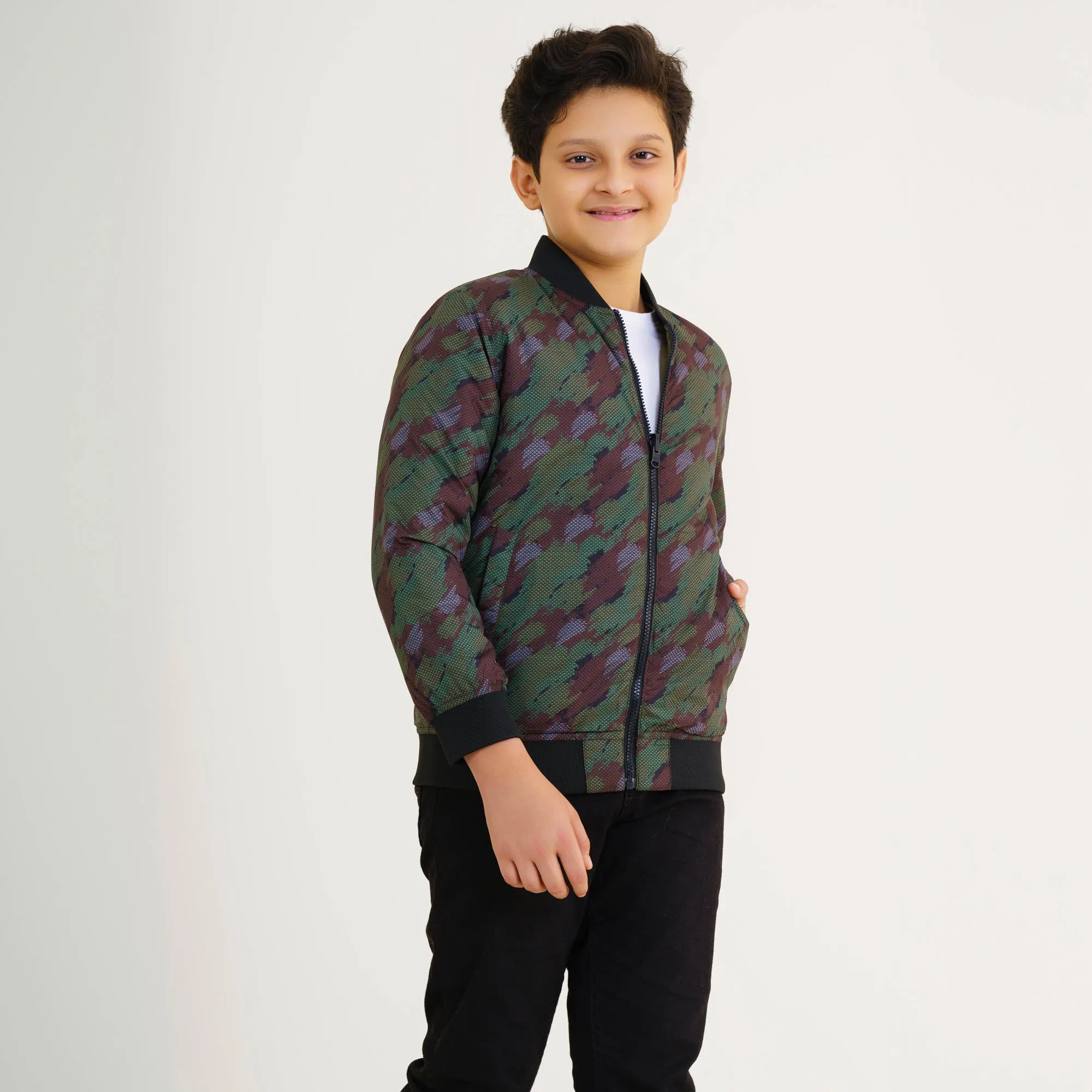 Boys Olive Printed Bomber Jacket