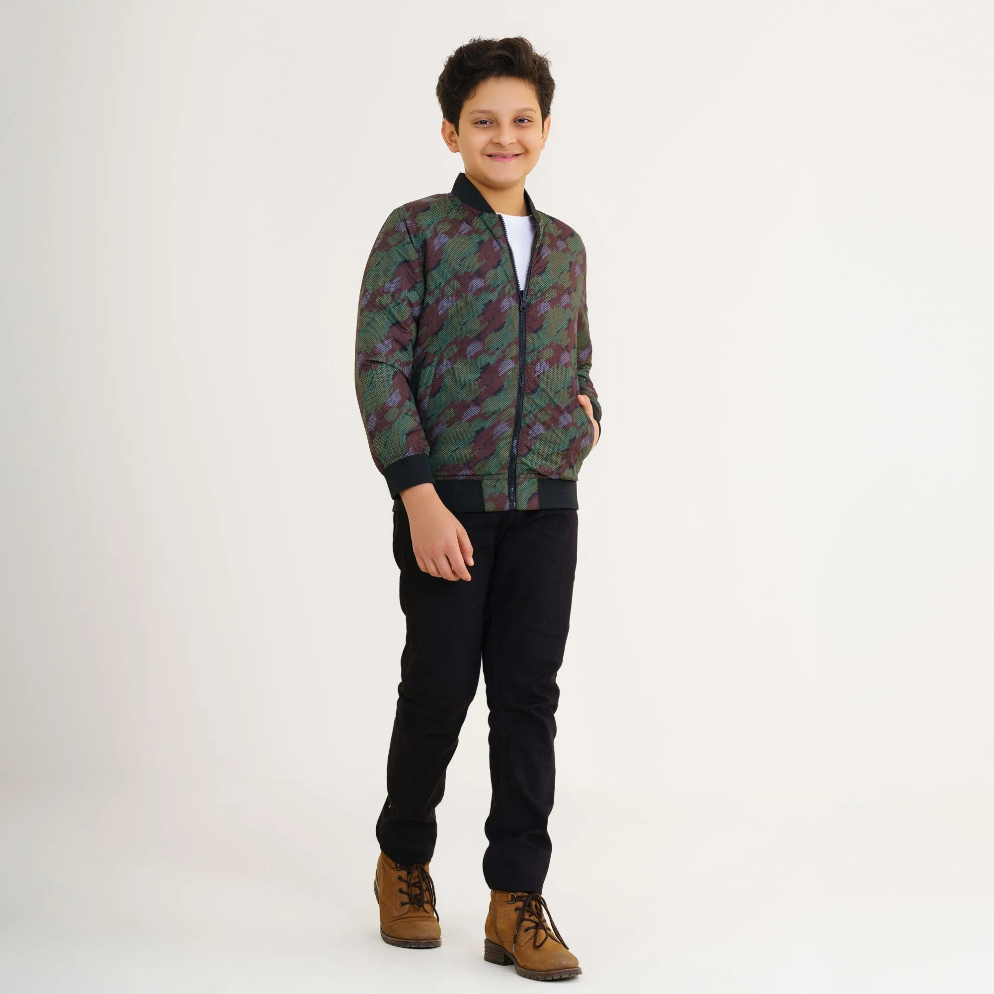 Boys Olive Printed Bomber Jacket