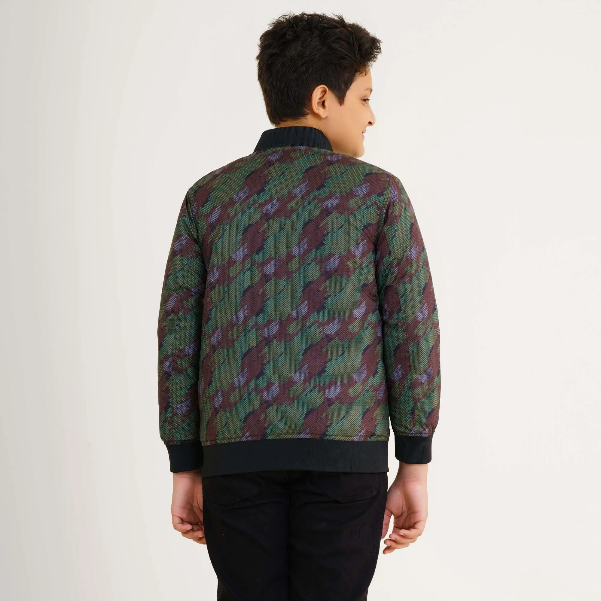 Boys Olive Printed Bomber Jacket