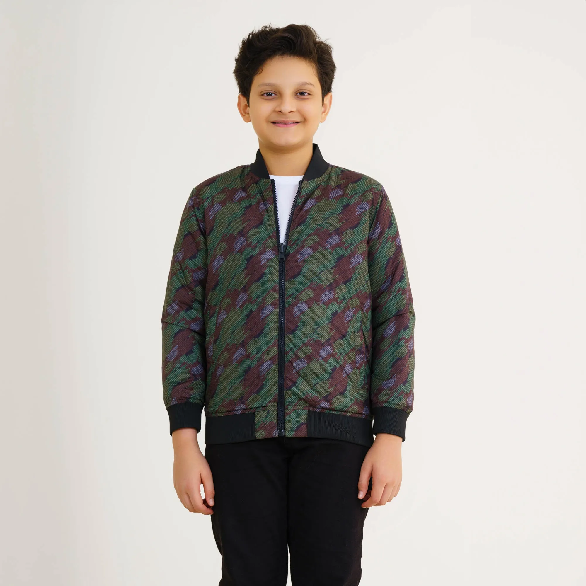 Boys Olive Printed Bomber Jacket