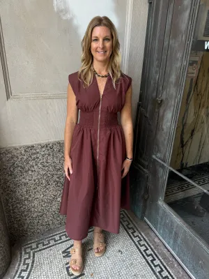 Brown V Neck Zip Up Dress