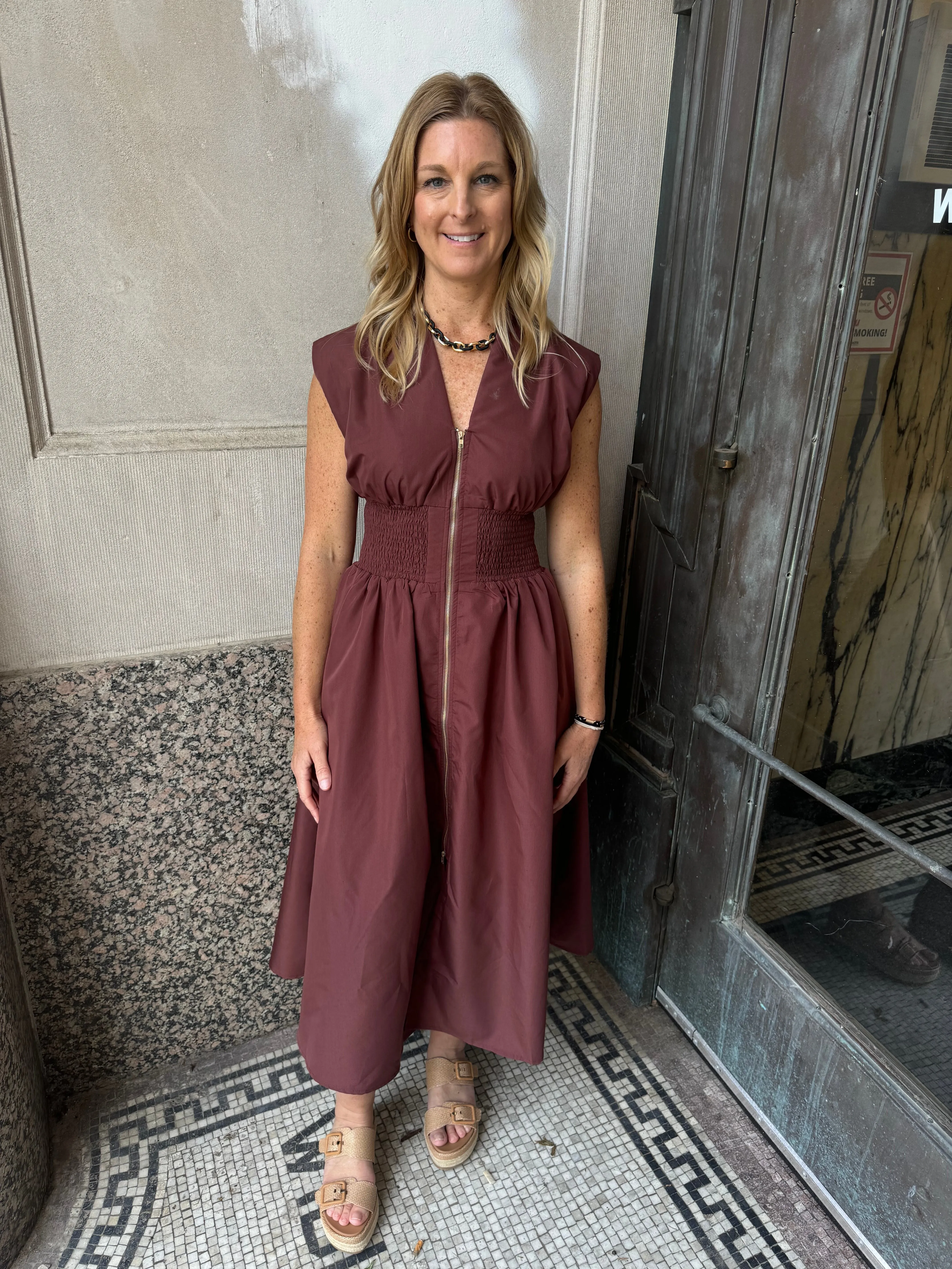 Brown V Neck Zip Up Dress