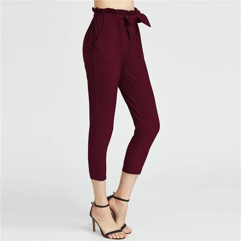 Burgundy Bow Tie Elastic Waist Pants