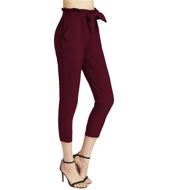 Burgundy Bow Tie Elastic Waist Pants