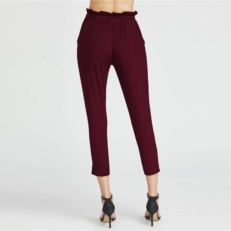 Burgundy Bow Tie Elastic Waist Pants