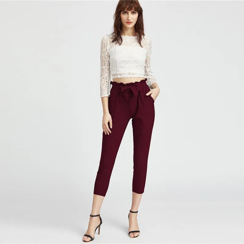 Burgundy Bow Tie Elastic Waist Pants