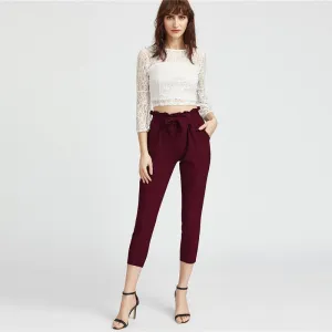Burgundy Bow Tie Elastic Waist Pants