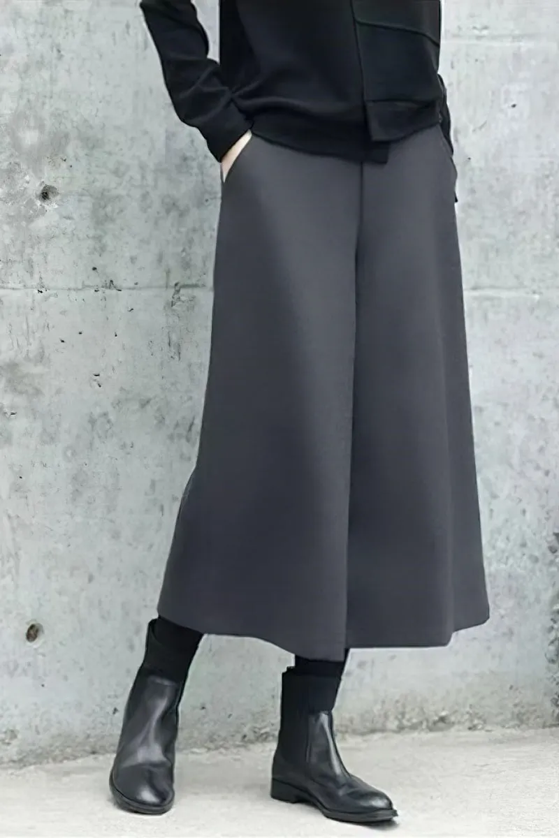 Chouyatou Women's Fall Wool Blend Culottes Capri Cropped Pants Elastic High Waist Wide Leg Palazzo Trouser