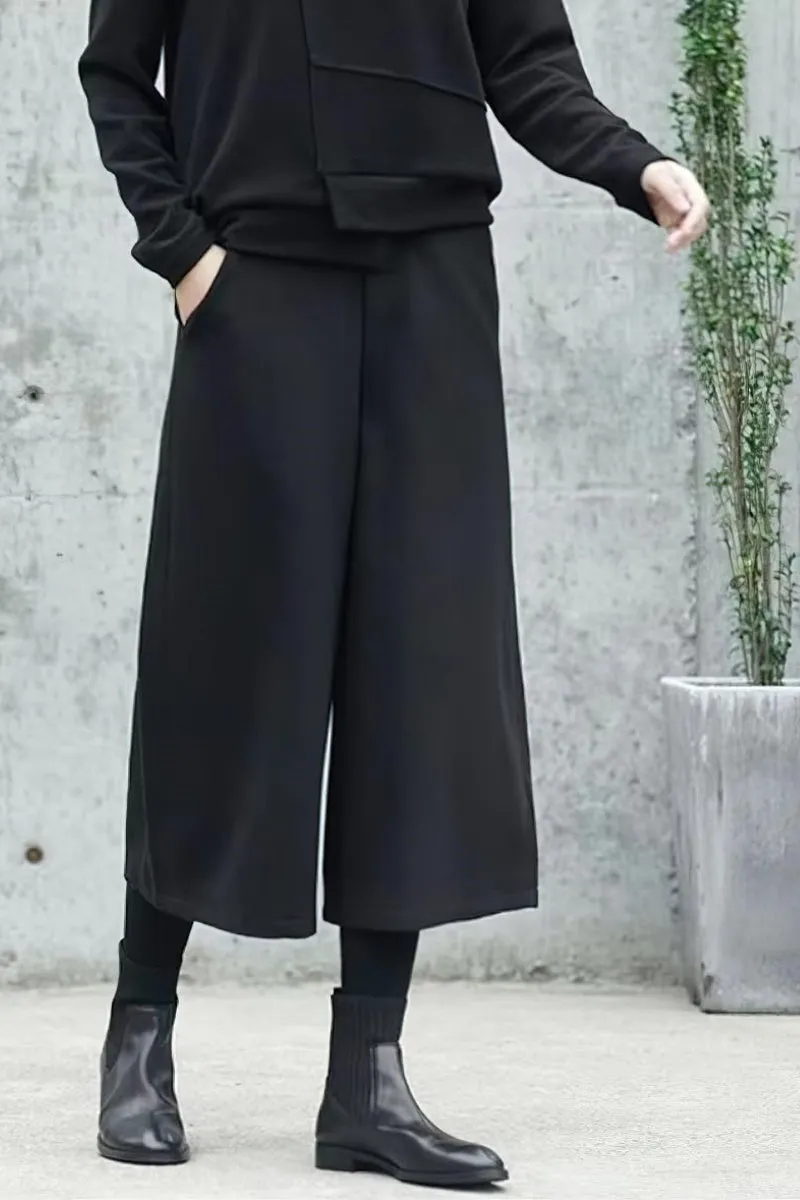 Chouyatou Women's Fall Wool Blend Culottes Capri Cropped Pants Elastic High Waist Wide Leg Palazzo Trouser