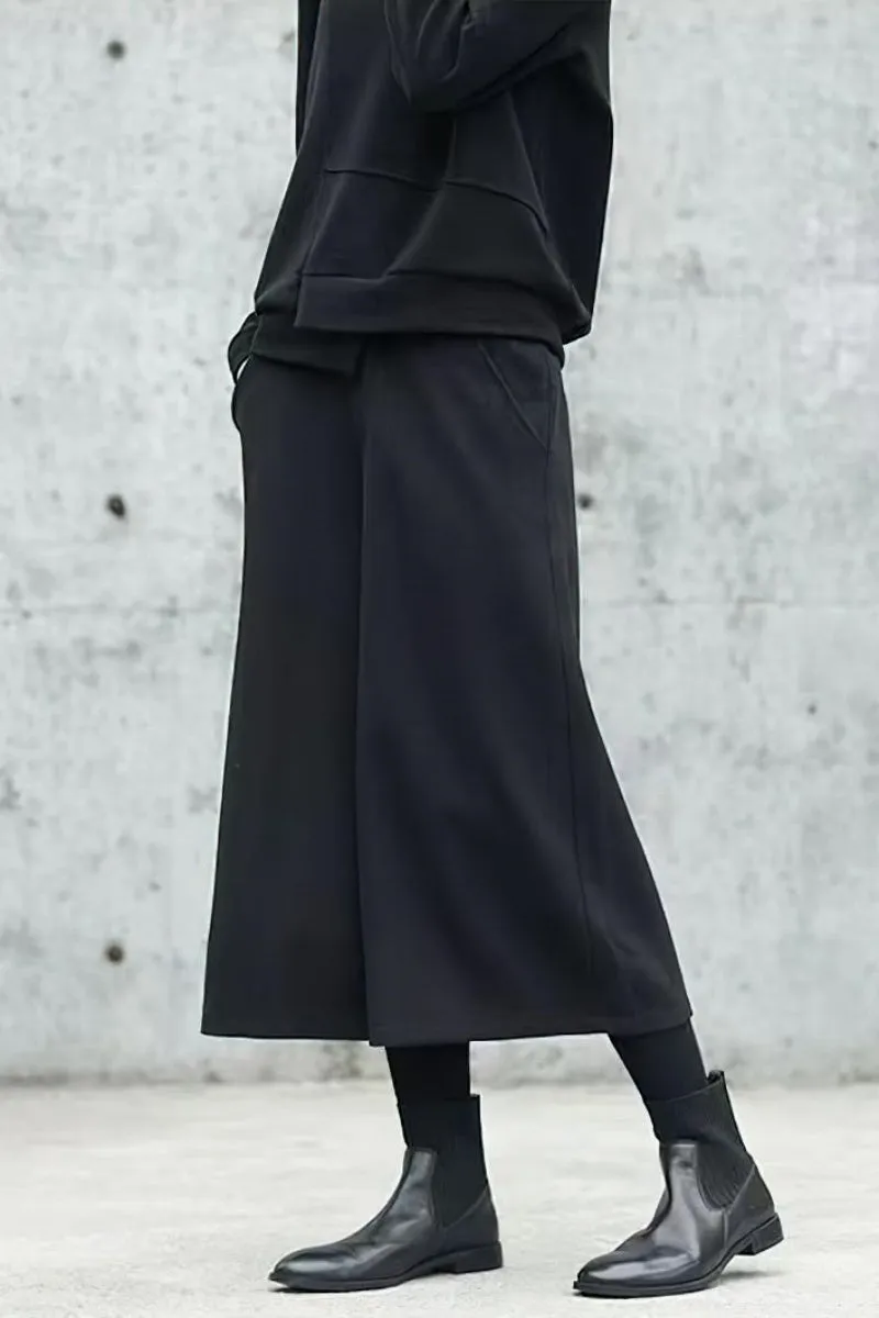 Chouyatou Women's Fall Wool Blend Culottes Capri Cropped Pants Elastic High Waist Wide Leg Palazzo Trouser