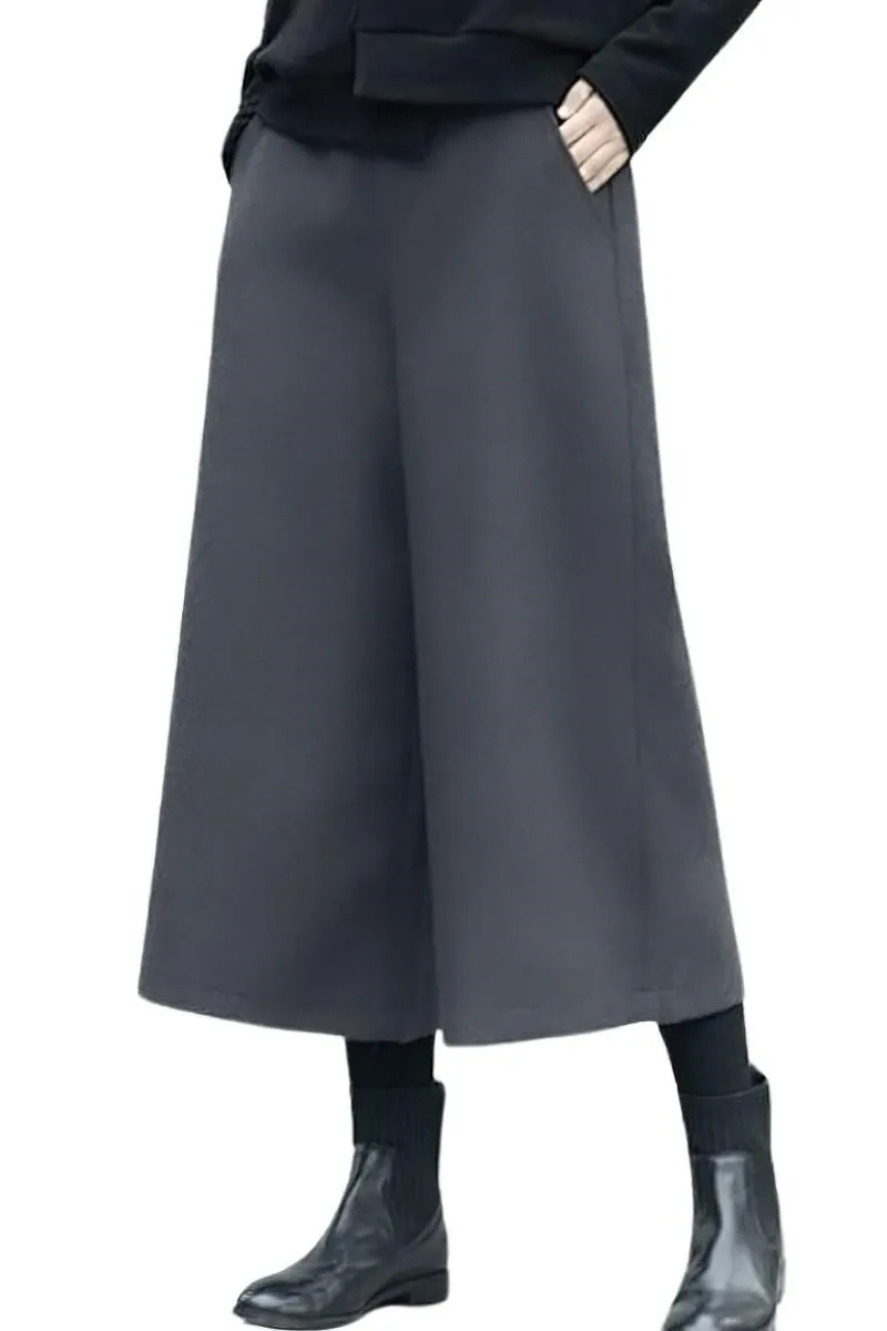 Chouyatou Women's Fall Wool Blend Culottes Capri Cropped Pants Elastic High Waist Wide Leg Palazzo Trouser