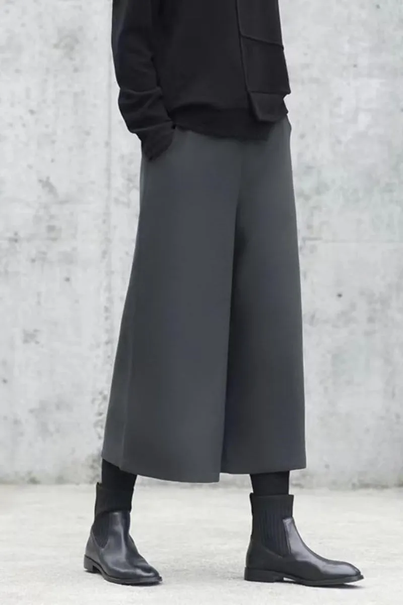 Chouyatou Women's Fall Wool Blend Culottes Capri Cropped Pants Elastic High Waist Wide Leg Palazzo Trouser