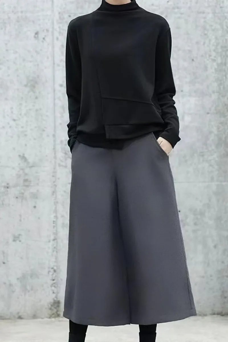 Chouyatou Women's Fall Wool Blend Culottes Capri Cropped Pants Elastic High Waist Wide Leg Palazzo Trouser