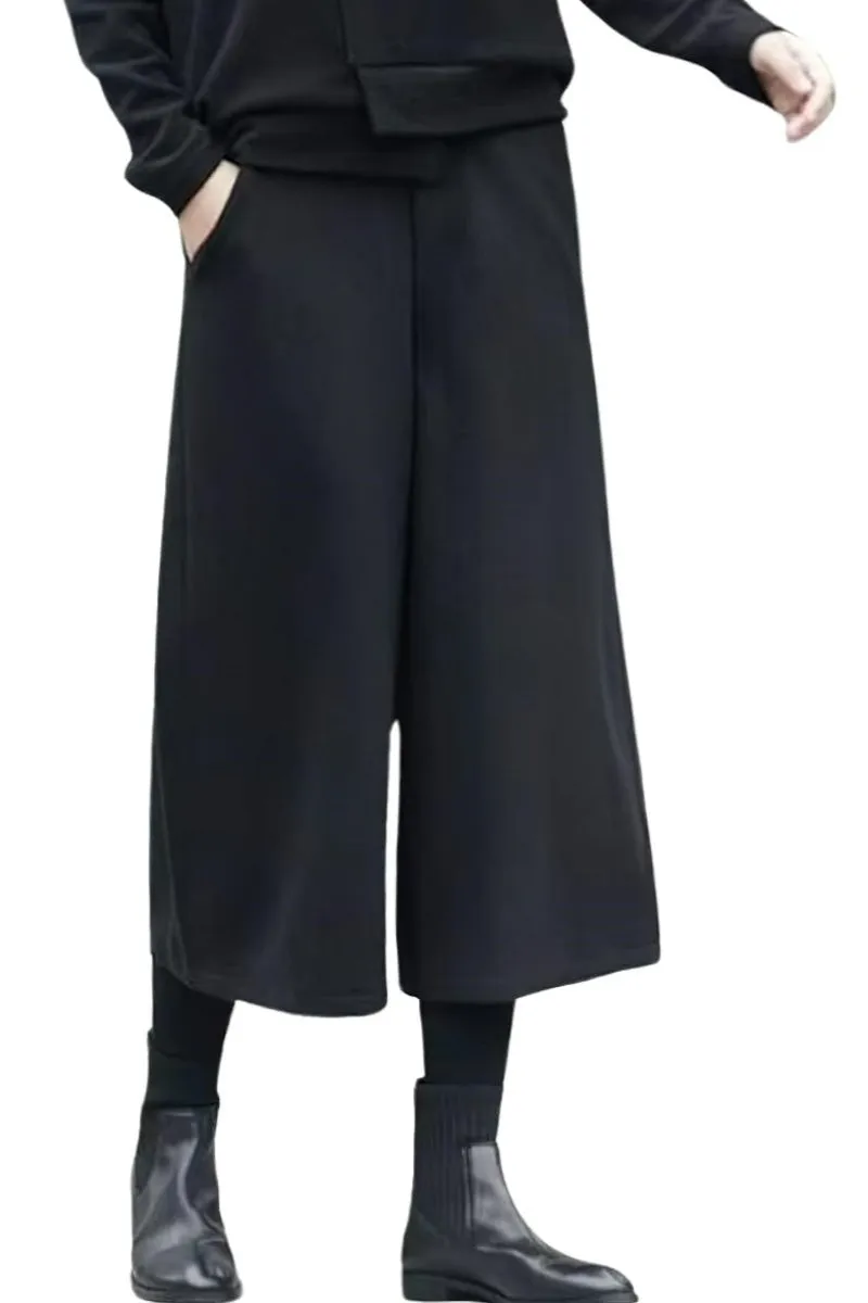 Chouyatou Women's Fall Wool Blend Culottes Capri Cropped Pants Elastic High Waist Wide Leg Palazzo Trouser