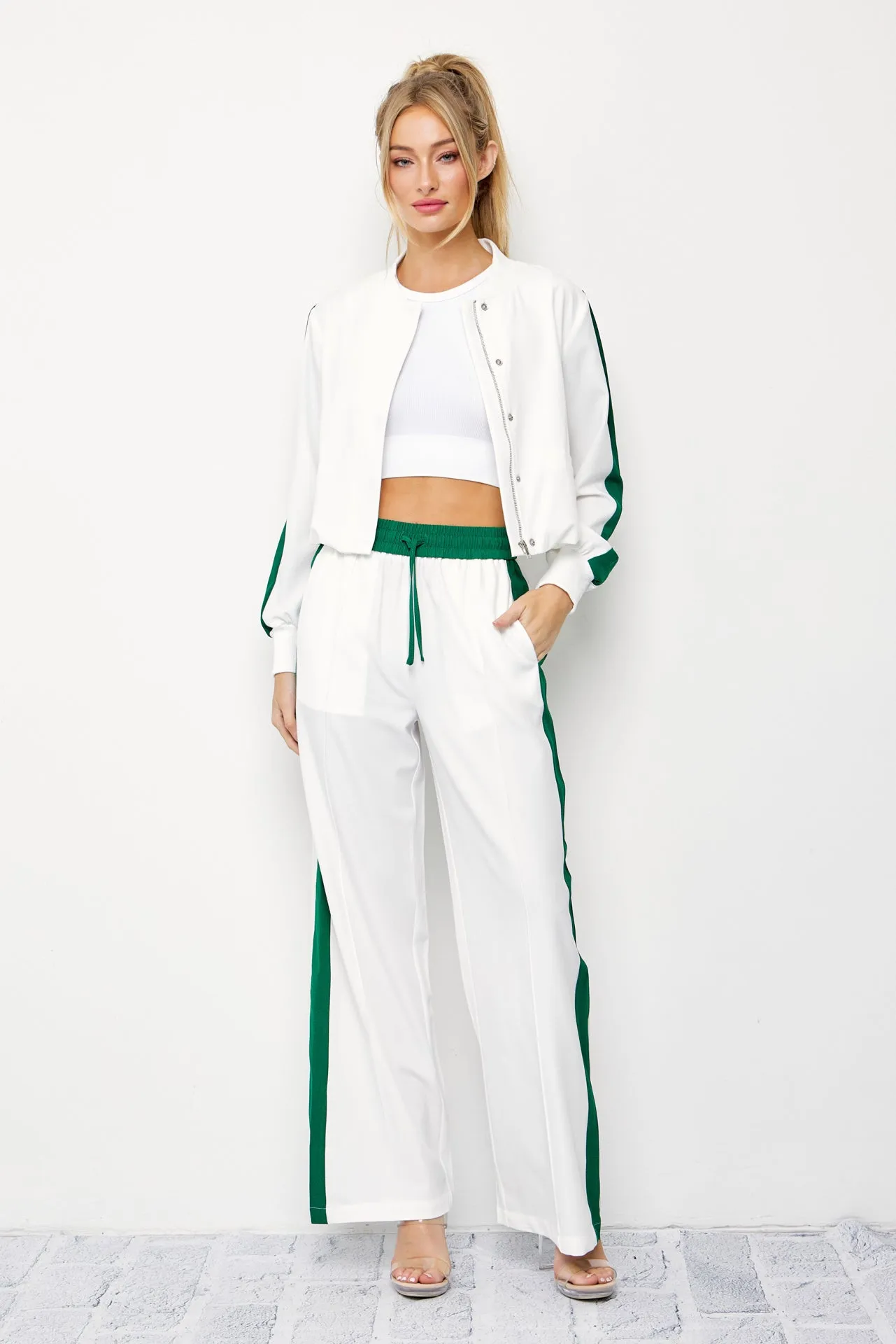 Clara Woven Jacket and Pants Set With Contrast Stripe