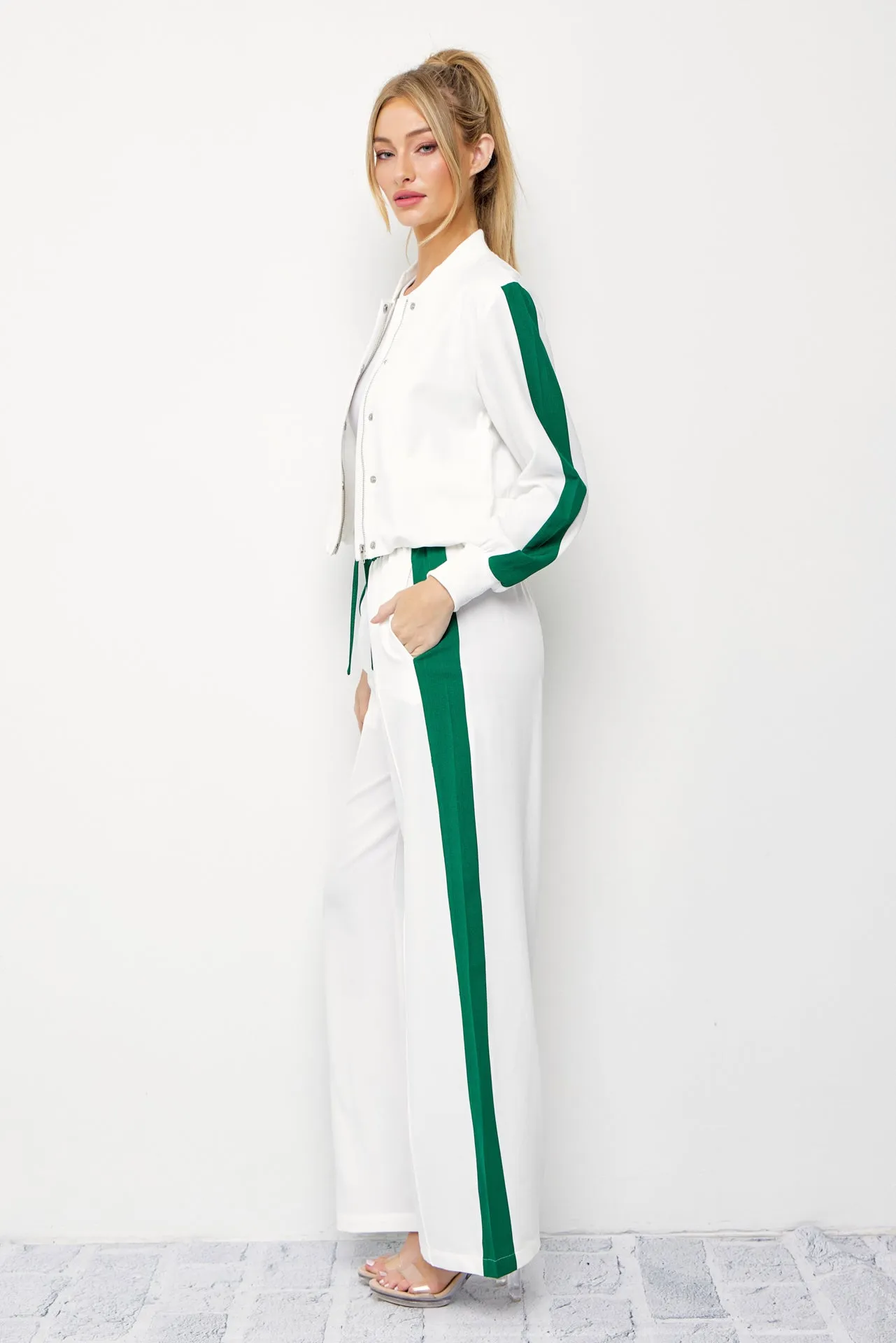 Clara Woven Jacket and Pants Set With Contrast Stripe