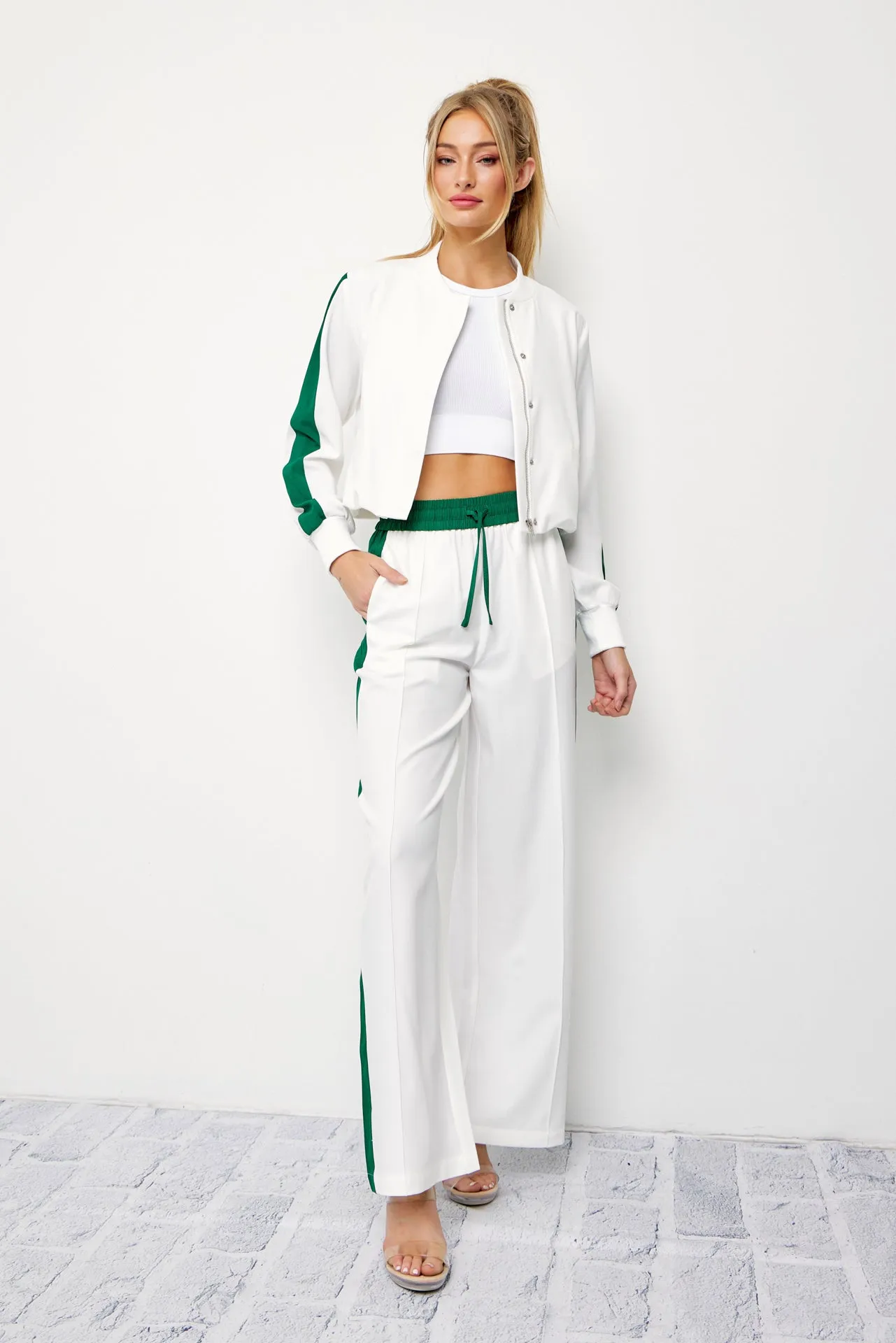 Clara Woven Jacket and Pants Set With Contrast Stripe