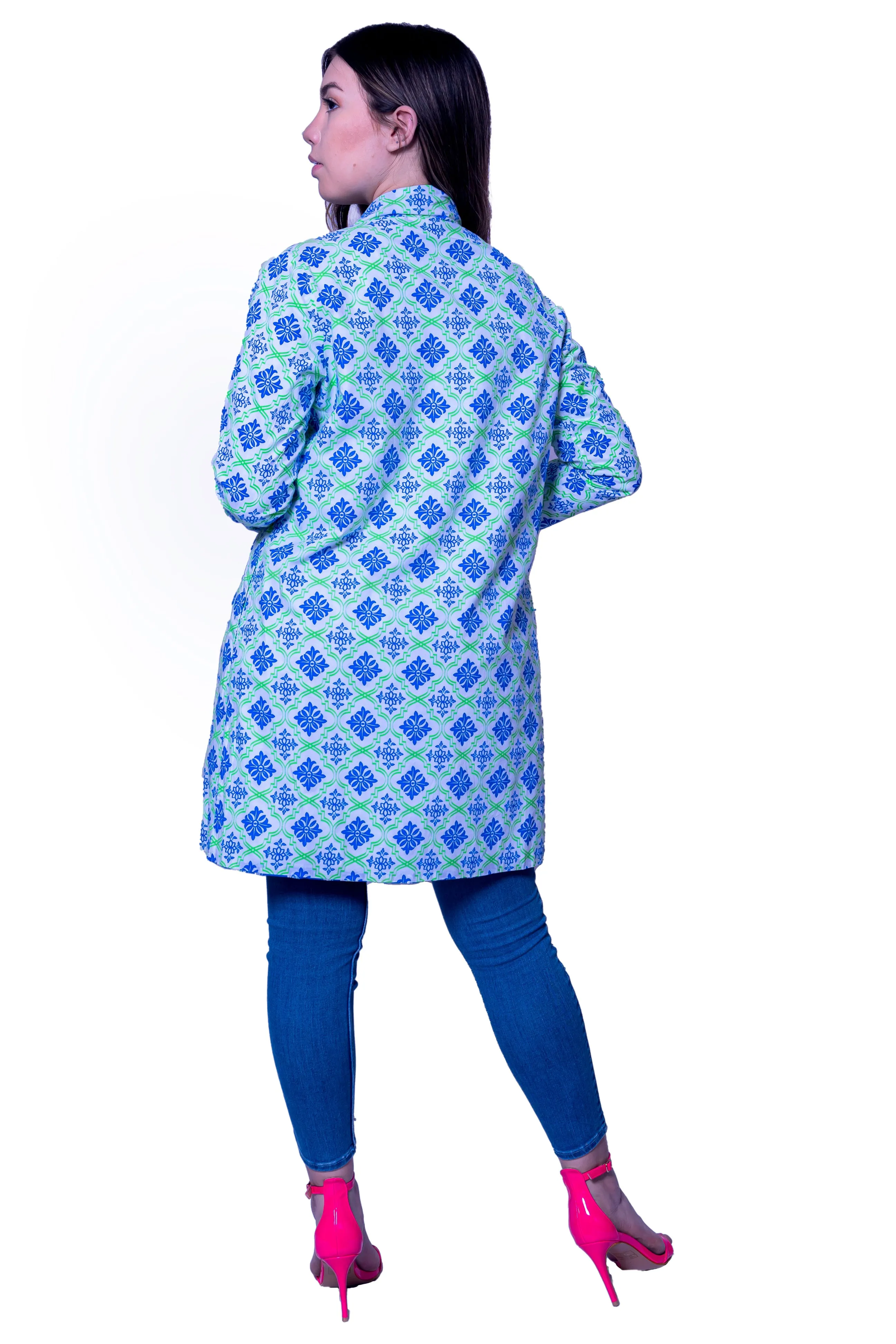 Cotton Printed Open Jacket Blue