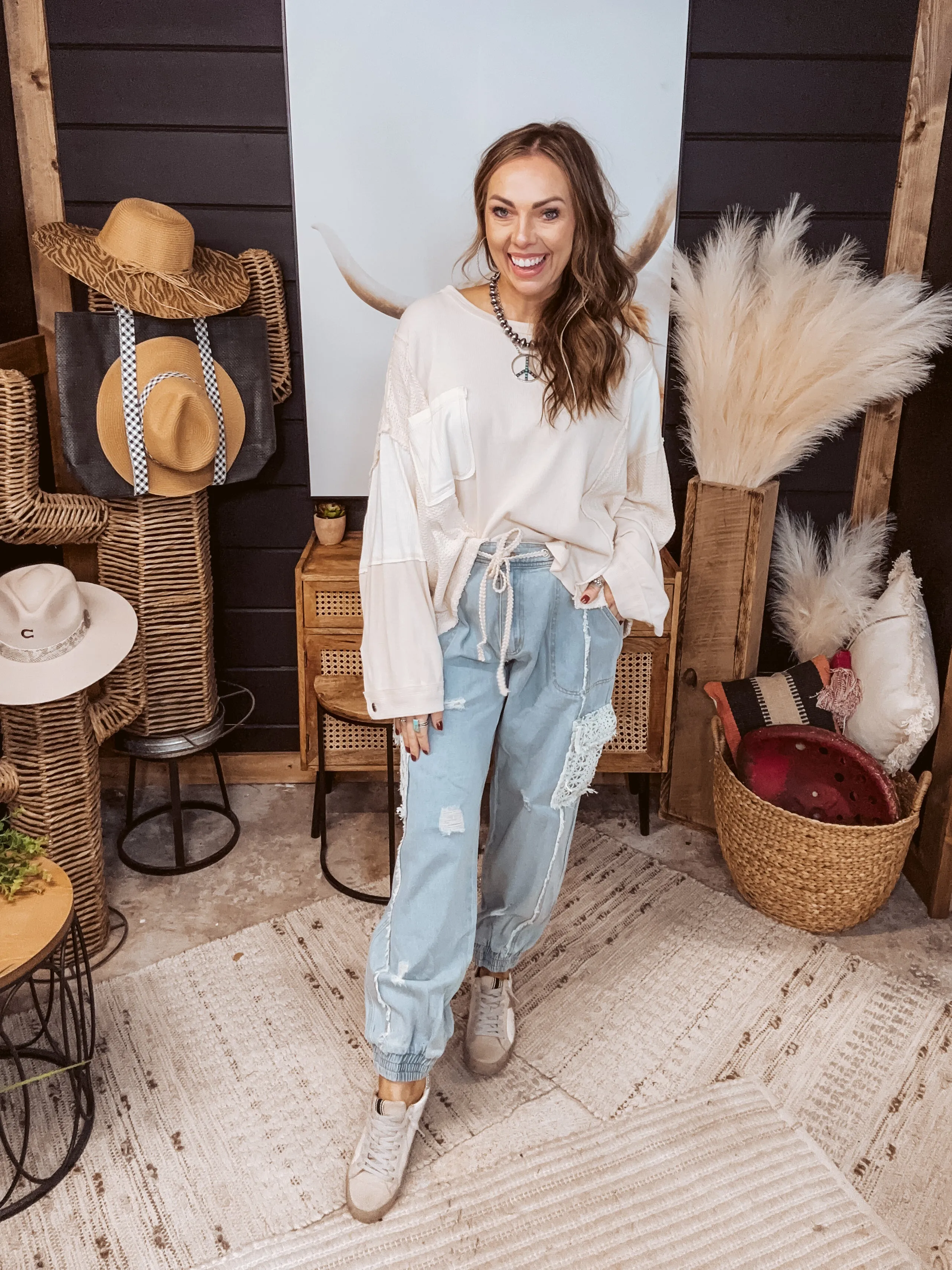 Cream Oversize Mix Fabric Patch Pullover Dolman