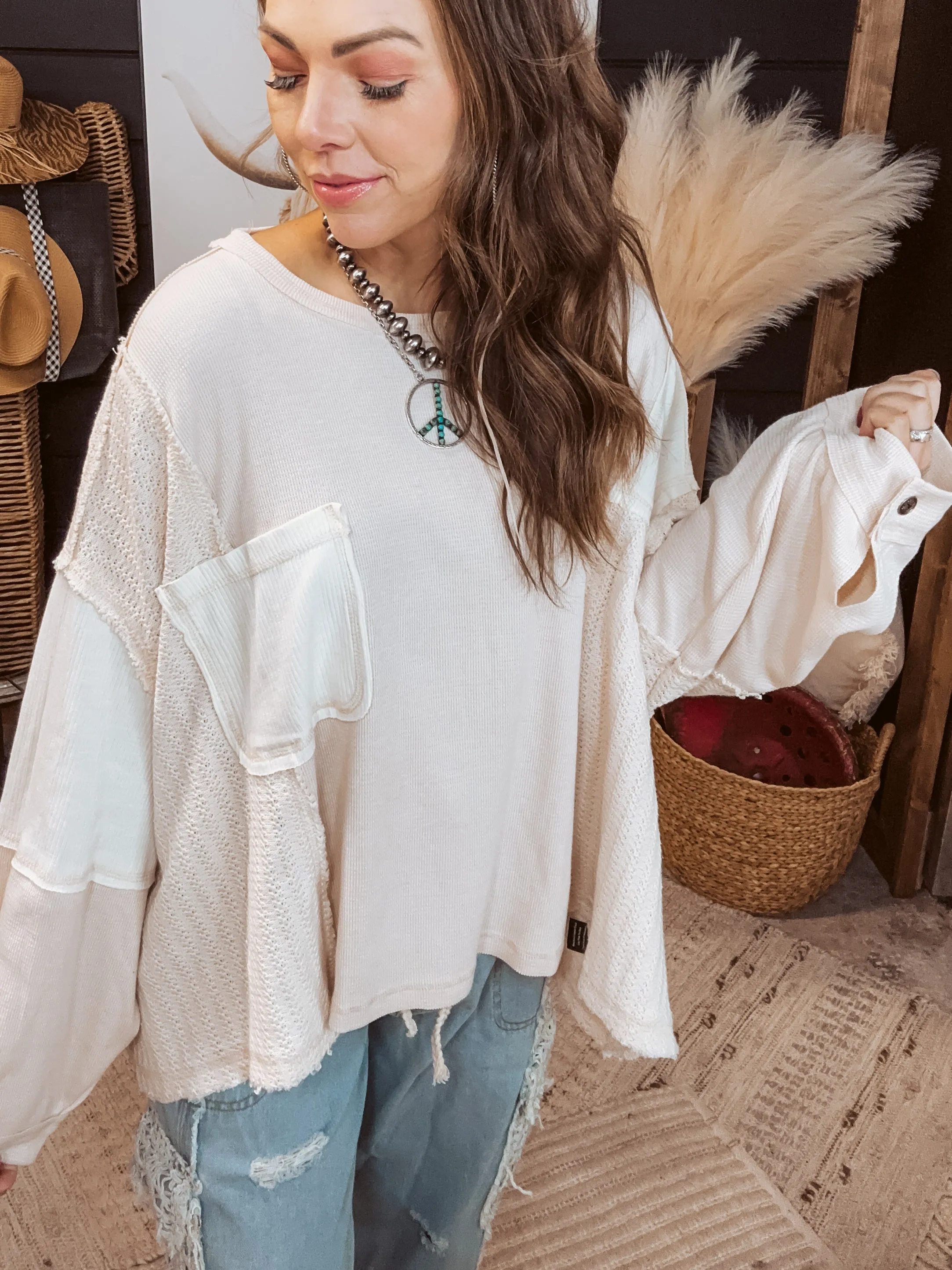 Cream Oversize Mix Fabric Patch Pullover Dolman