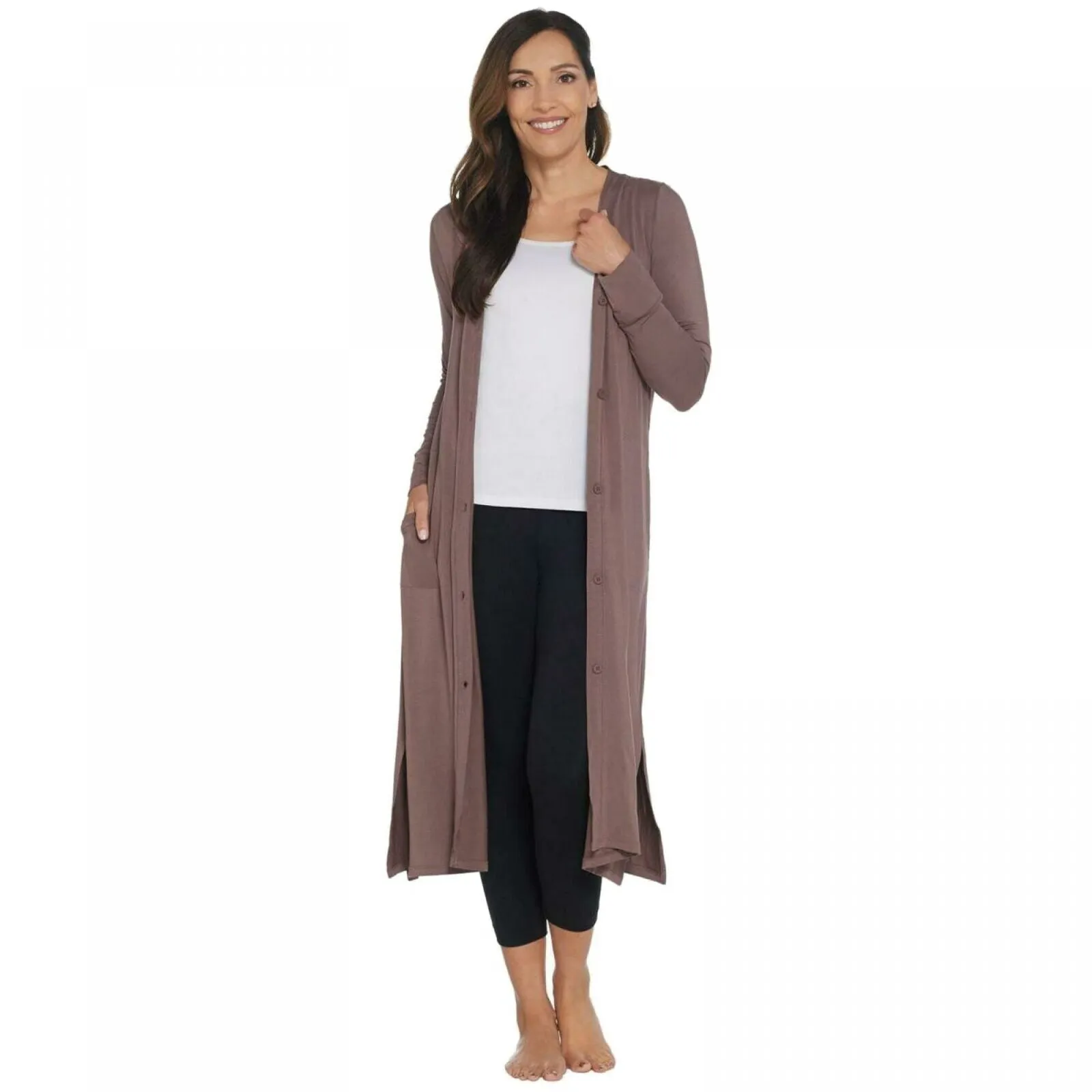Cuddl Duds Softwear Stretch Maxi Button Front Cardigan Peppercorn Medium